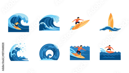 Dynamic surfer icons set with waves and surfboards in flat design