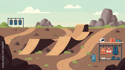 Mountain biking terrain with jumps and gear in scenic landscape