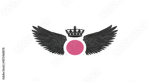Elegant graphic design featuring a royal crown, majestic dark wings, and a vibrant pink circle. Symbol of fantasy, power, and freedom.