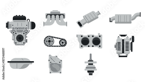 Monochrome engine components set for automotive projects