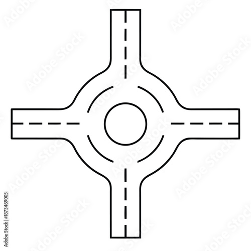 Simple black and white line art icon depicting a standard four way intersection featuring a circular roundabout design for traffic management illustration purposes