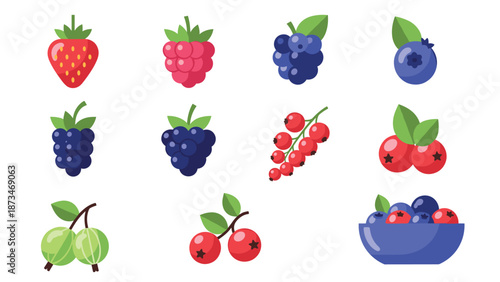Colorful assorted berries set: strawberries, raspberries, blueberries, and more in flat style