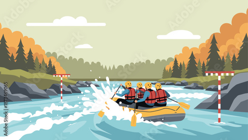 Adventurous white water rafting in scenic autumn landscape