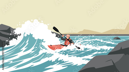 Kayak adventure in turbulent waters with dynamic waves and rugged landscape