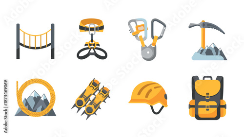 Essential mountaineering gear icons: rope, helmet, harness, bridge, carabiners, ice axe, backpack, crampons