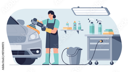 Car detailing in flat style: professional polishing and cleaning process