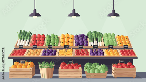 Vibrant flat design farmer’s market display with fresh produce