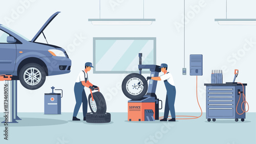 Automotive workshop scene with mechanics using tire changing equipment in garage