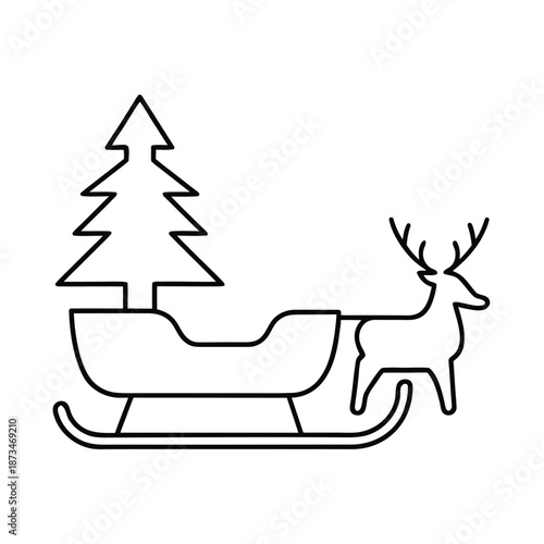Simple black and white outline icon depicting a reindeer pulling a traditional sleigh carrying a stylized evergreen Christmas tree perfect for holiday designs and winter celebrations