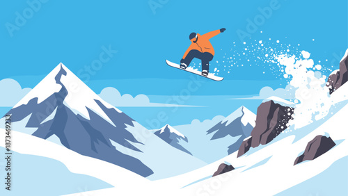 Dynamic snowboarding action in mountain landscape with fresh powder and blue sky