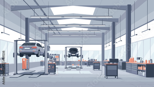 Modern car repair workshop with lifts in spacious industrial interior