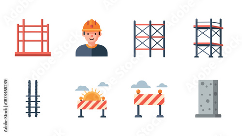Construction tools and equipment icons for building projects