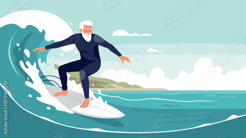 Elder man riding a wave: surfing adventure in a vibrant ocean scene