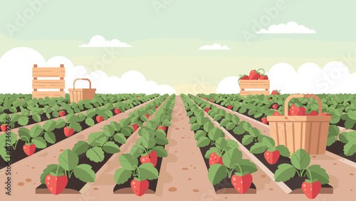 Bountiful strawberry field harvest with baskets under a clear sky