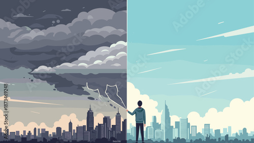 Dual weather cityscape: transition from stormy skies to clear horizons