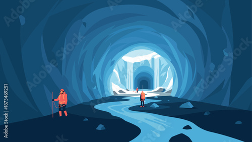 Adventurers explore majestic ice cave with flowing stream in vibrant colors
