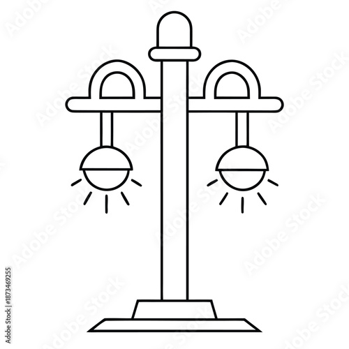 Simple line art icon representing an outdoor street lamp post featuring two illuminating lights and a decorative top element perfect for urban design concepts