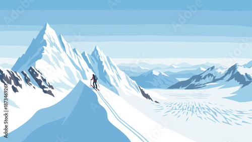 Skiing adventure on majestic snow-capped mountain peaks in winter