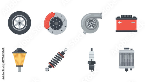 Car parts collection: tires, brakes, turbo, and more in flat design