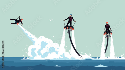 Exciting water adventure with flyboards and jets on the ocean