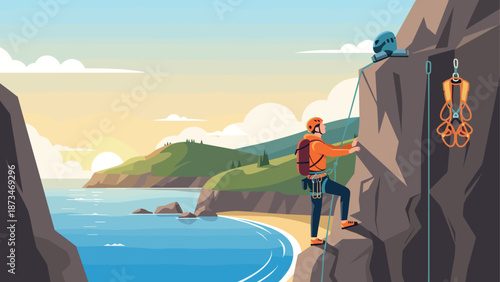 Adventurous rock climber scaling coastal cliffs in vibrant landscape
