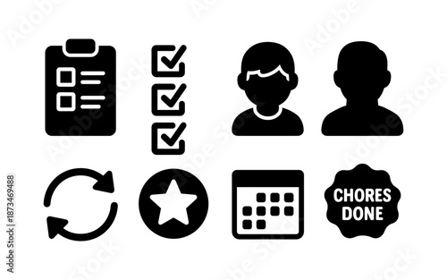 Collection of icons representing tasks, people, and achievements on a white background