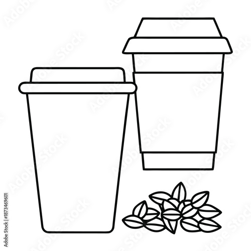 Simple outline drawing showcasing two disposable coffee cups with lids alongside a small pile of roasted coffee beans indicating a beverage concept for cafe design or morning routine graphics