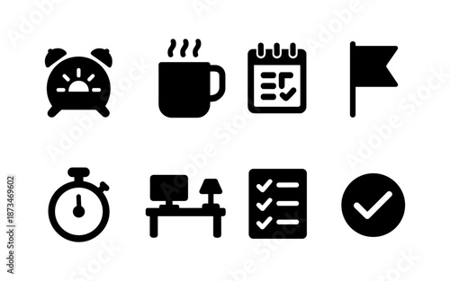Collection of icons representing daily tasks, planning, and productivity