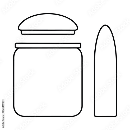 Simple black and white line art icon representing a food preservation jar with its dome-shaped lid separated and a sleek applicator or bottle silhouette standing beside it for packaging design