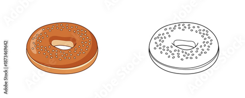 Fresh baked bagel bun with sesame seeds in cartoon style with golden brown colors for breakfast menu
