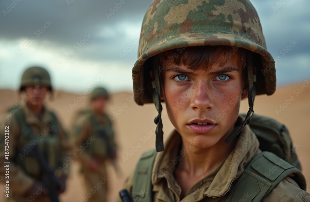 Fototapeta premium Young soldier with bright blue eyes wears helmet and uniform in desert. Other soldiers stand behind, ready for duty. Intense stare shows vigilance and determination on arid terrain.