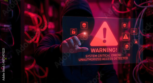 Cyber attack warning with unauthorized access detected message and hooded hacker in server room