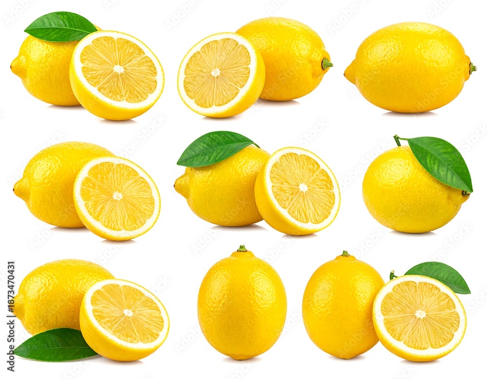Fototapeta premium A composite of vibrant yellow citrus fruits, some whole, others halved to reveal the juicy interior. Green leaves accent the display