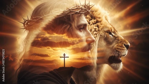 Double exposure of Jesus Christ with a crown of thorns and a roaring lion of Judah. Silhouette of a cross on a hill against a golden sunset. Christian faith and Easter resurrection concept