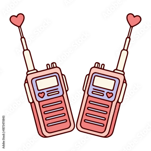 Cute Valentine’s Day Love Walkie Talkie Illustration. Pink Radio Transceivers with Heart Antennas and Romantic Communication Concept.