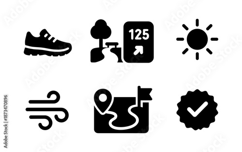 Set of icons representing outdoor activity elements like running, navigation, and weather conditions