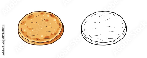 Traditional round wheat flatbread illustration in cartoon style with golden toasted spots for culinary design or middle eastern food concept isolated on white background