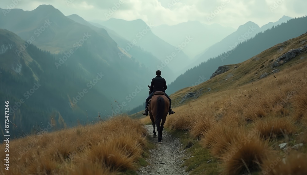 Fototapeta premium Person rides horse on mountain trail path. Rider on horseback traverses grassy hillside overlooking misty valleys. Serene landscape exploration on equine.