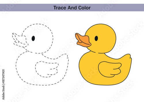 Educational worksheet with a duck to trace and colour color. Dashed outline for tracing and a cute duck for kids fine motor skills practice and early learning activities.