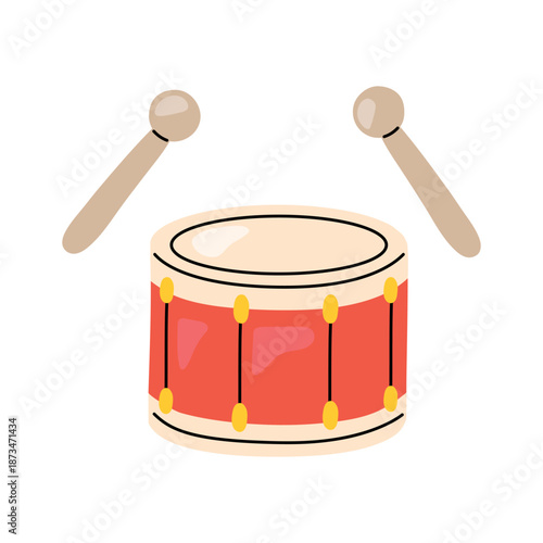 Bright vector drum with mallets in a playful children style. Colourful musical instrument illustration without outlines, perfect for kids education, music learning, nursery design and preschool materi
