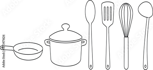 Line art kitchen utensils and cookware set