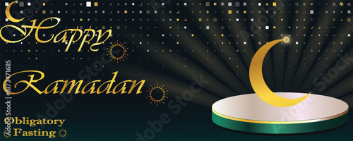 Ramadan sale banner with 3D podium for product display. Realistic vector illustration.