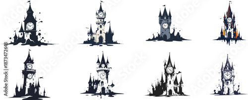 Tower with melting clock and twisting spires, vector illustration of an isolated background
