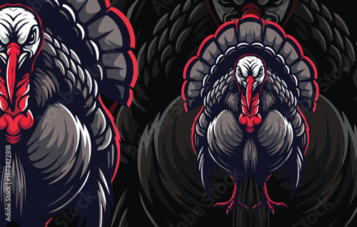 Detailed Grey Turkey Duo Mascot Design for Thanksgiving or Sport Branding