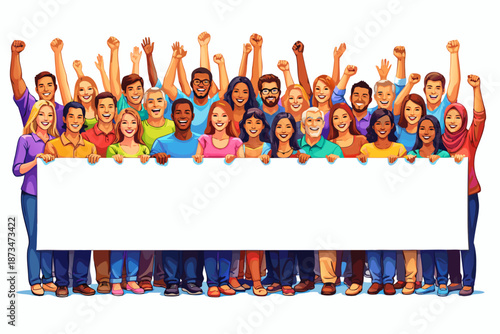 happy people holding up a blank banner against a white background