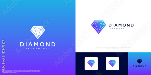 Digital security logo with diamond, smart technology, electrical network, and graphic design illustration themes.