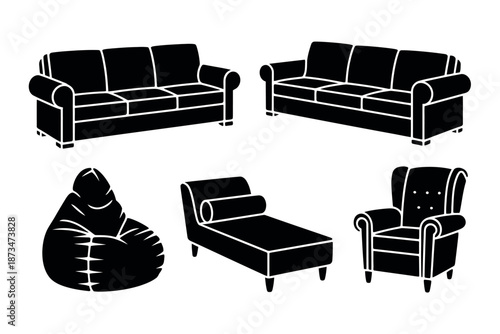 A collection of modern furniture including sofas, a chaise lounge, and armchairs in a simple black and white design.