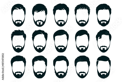 A collection of various men's hairstyles and beards in a simple graphic illustration