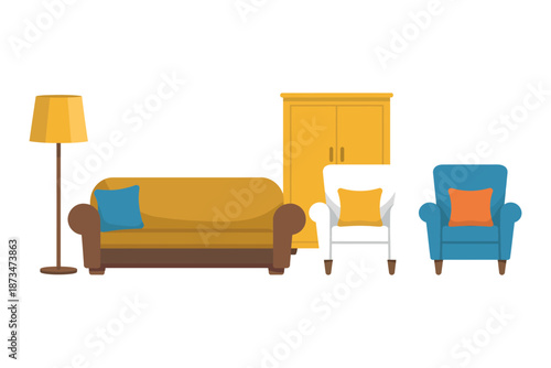 A colorful illustration of a living room with furniture and decor