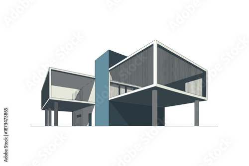 A modern, multi-level building with a unique, geometric design and elevated structure